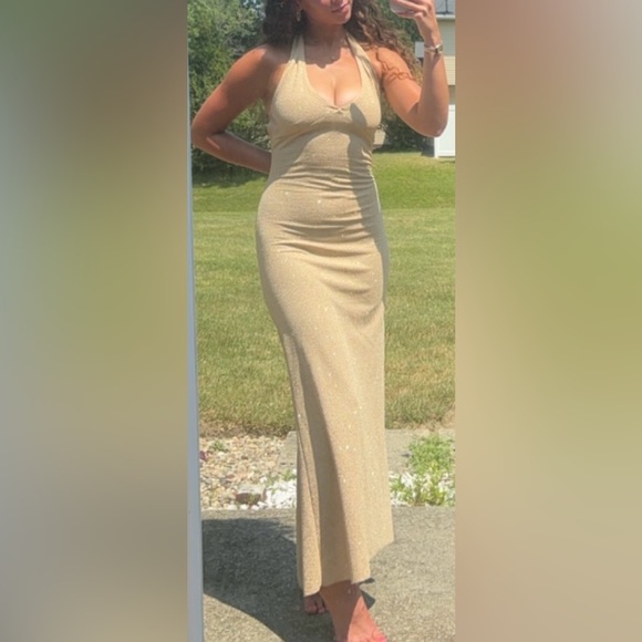 Vintage Y2K Hyphen Glamorous Gold Halter Maxi Formal Evening Dress-Size M - Picture 6 of 16